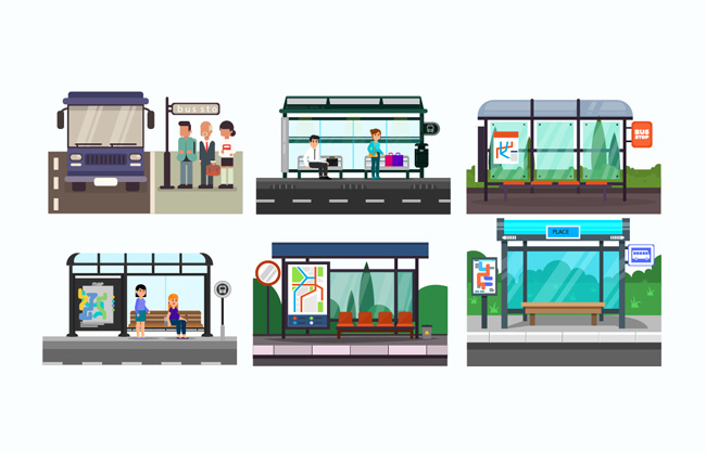 卡通人物与公交候车站素材设计