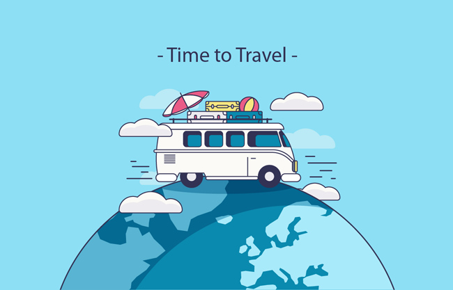 地球仪上的小客车旅游配图矢量素材