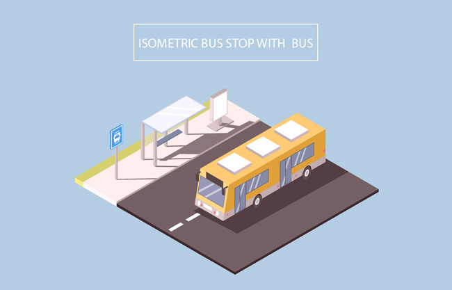 立体空间公交车和候车亭矢量素材