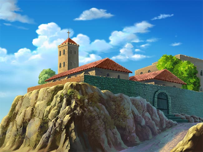 ps手绘石岩上房屋建筑动画背景素材