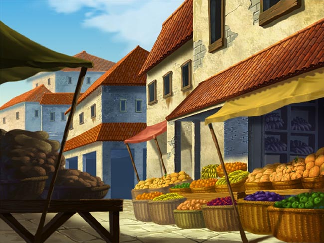 动画场景卖水果的街道背景素材