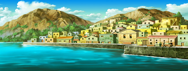 手绘写实动画背景海边的古城市背景设计