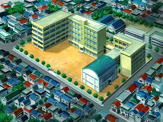 密集城市中的一所学校俯视图动画背景