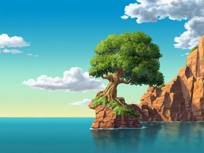 海洋中间山石上树木手绘动画背景