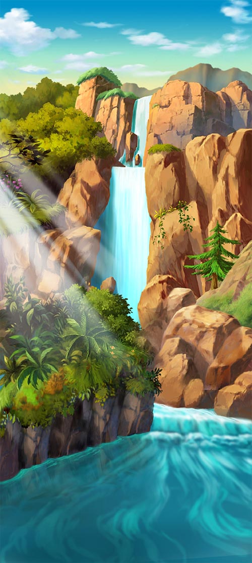 电脑数位板手绘远景的瀑布流背景设计