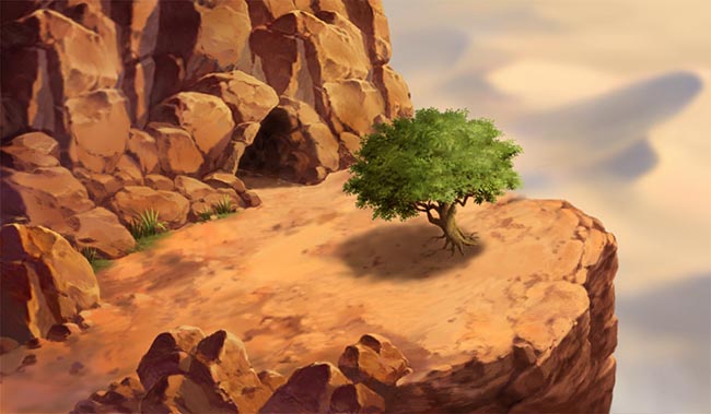 手绘悬崖峭壁上的一棵树动画场景设计