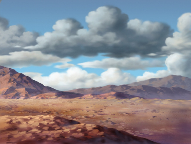 荒漠上远山低山手绘动画背景设计