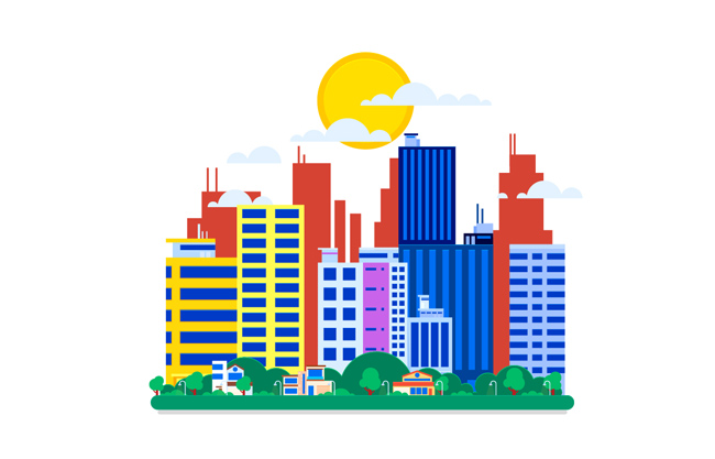 彩色都市建筑插画背景素材