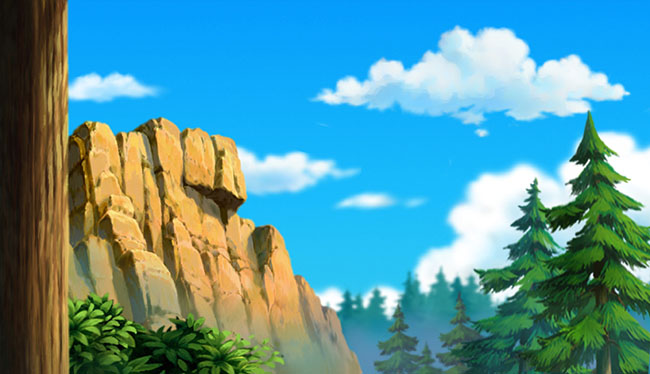 在森林中遥望远处的山石动画背景设计