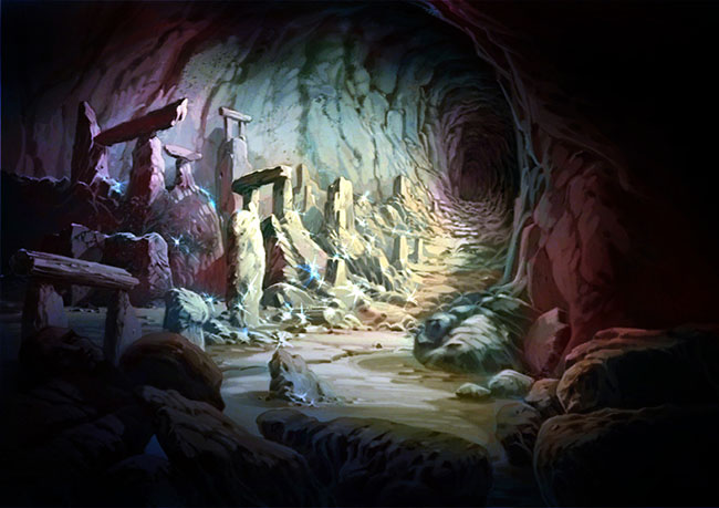 科幻电影里面山洞岩石造型手绘背景