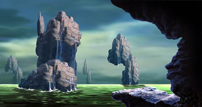科幻世界山石流水手绘动画背景设计