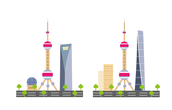 插画漫画风格上海城市建筑矢量设计素材