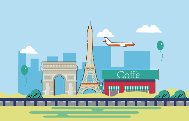 欧洲巴黎旅行元素扁平化矢量插画