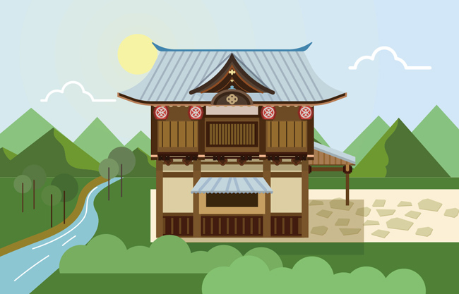 日式扁平矢量古风建筑插画