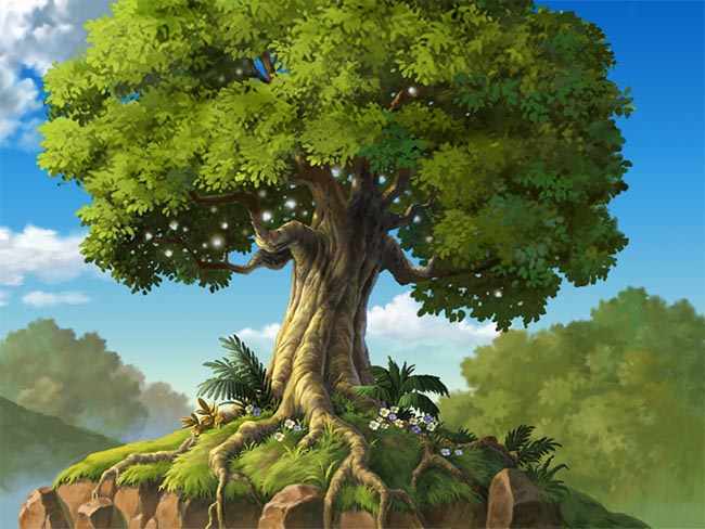 手绘山上的大树造型设计动画ps背景素材