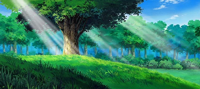 晨光打在森林里面的cg动画绿色背景设计