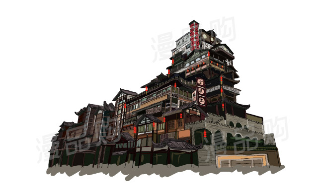 手绘洪崖洞漫画动漫场景矢量素材