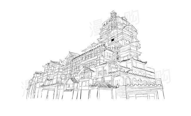 手绘线条风格漫画洪崖洞场景矢量素材