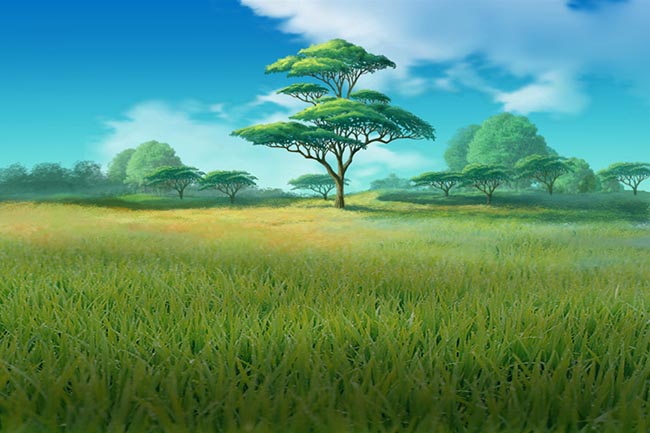 手绘草原远处的树木动画背景参考