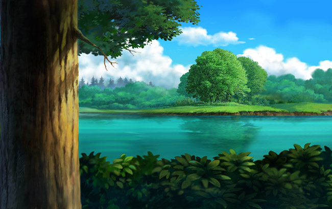 大树下看远处的湖泊手绘动画背景设计