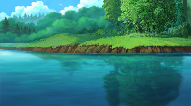 湖边的森林手绘动画背景设计素材