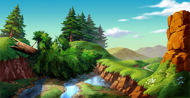 森林深处峡谷场景ps风格动画背景设计