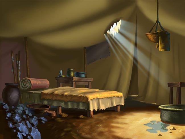 阳光打进帐篷室内的动画手绘背景资料