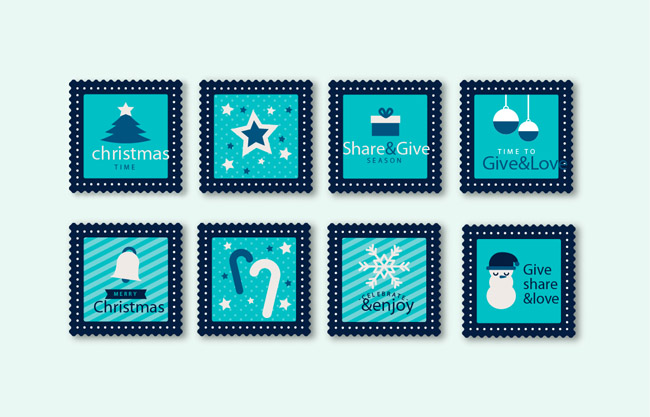 蓝色圣诞节邮票矢量素材