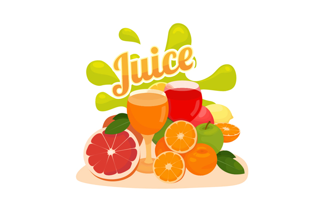 彩色新鲜水果和鲜榨果汁矢量图