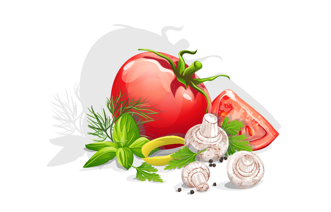 精美番茄蘑菇蔬菜插画矢量素材