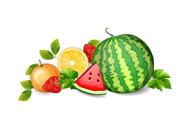 西瓜橙子草莓水果元素卡通素材设计