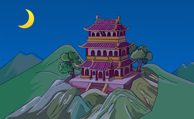 名山上寺庙房屋建筑动画背景设计