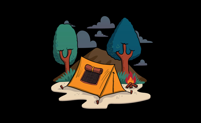 卡通手绘野营帐篷和篝火矢量设计素材