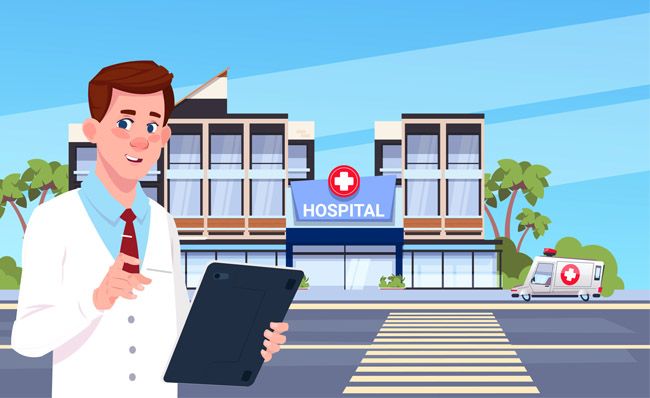 在医院前站着的医护人员卡通形象设计