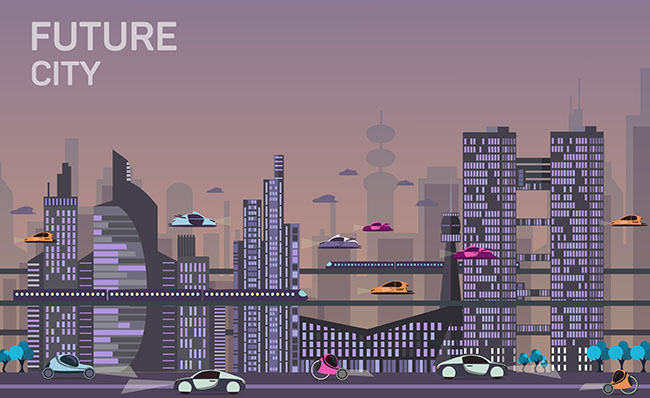 能飞行的汽车城市科技交通插画背景设计