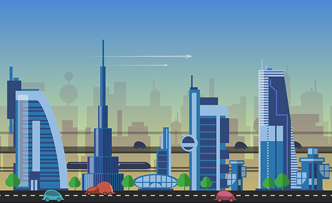 未来商业城市销售网络化插画背景设计