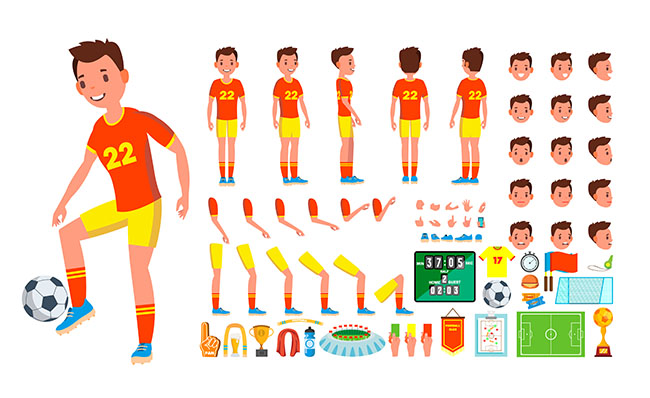 足球运动员扁平MG动画人设结构拆分图