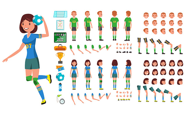男女足球运动员卡通形象拆分图矢量素材