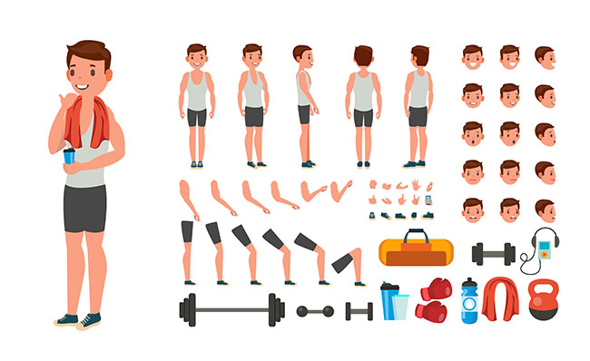 健身房健身的男孩子卡通形象设计素材