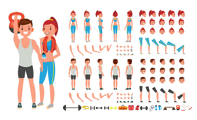 男女健身教练扁平卡通人设矢量素材