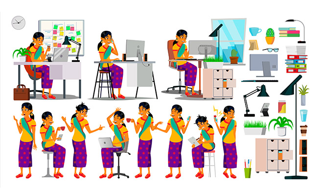 东南亚女孩办公的动作商务人设素材