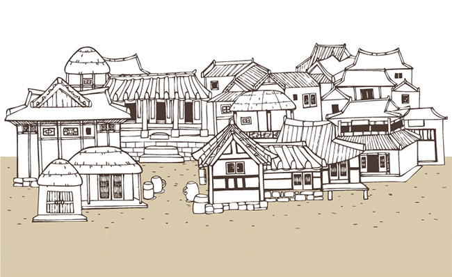 手绘卡通中国渔村古村庄房屋建筑设计素材