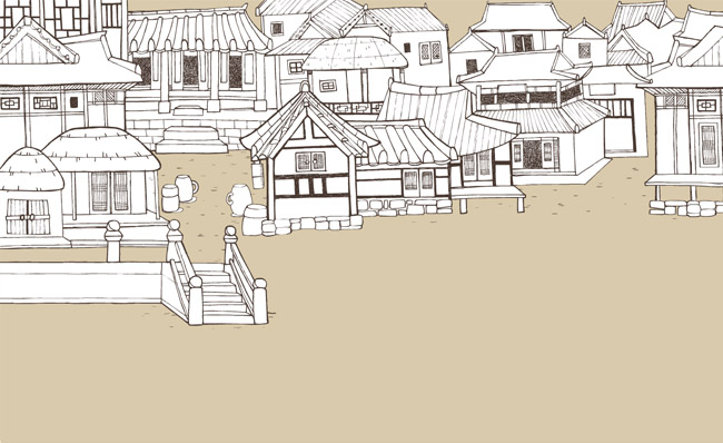 手绘线条风格村庄房屋建筑场景设计
