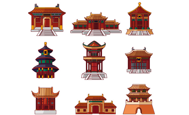 6组中国古代建筑房屋造型扁平动画素材