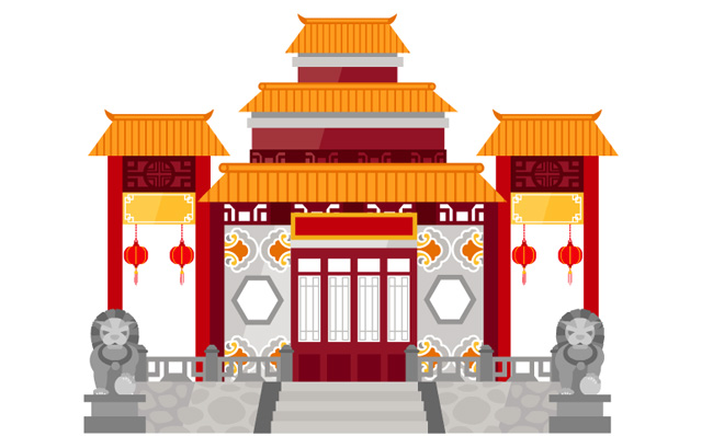 一对石头狮子蹲守大门的中国风建筑背景设计