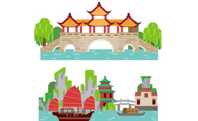 中国园林风格公园休闲亭扁平化背景设计素材