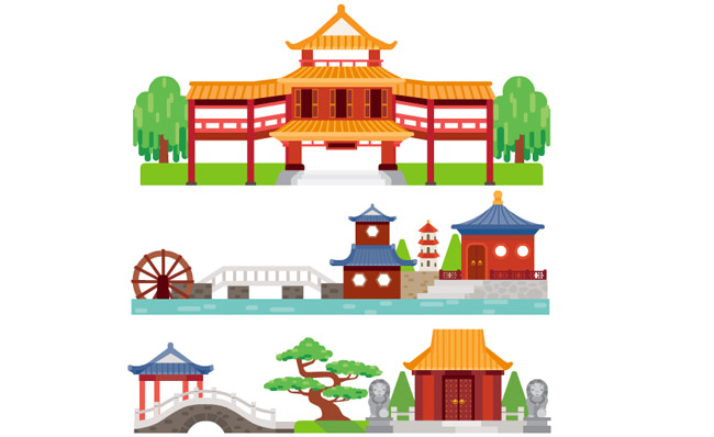 中国公园园林风格建筑物动画背景设计