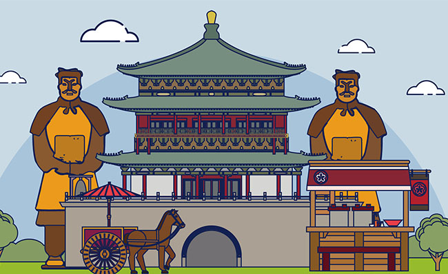 西安旅游兵马俑雕塑建筑扁平化背景设计素材