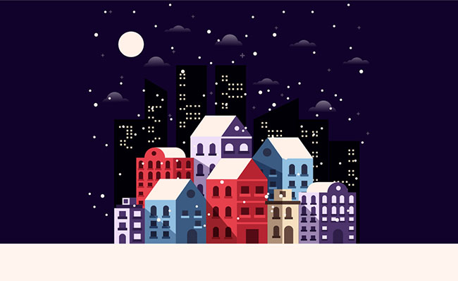 冬季雪中的夜晚城市建筑矢量素材