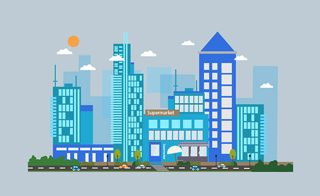 小清新蓝色城市建筑超市